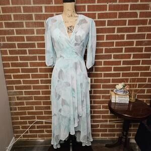 Calvin Klein Dress Hi Low Blue Green Floral Faux Wrap Chiffon Midi Maxi 2 NWT